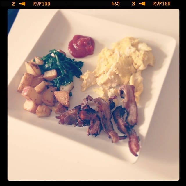 Bfast for my bf – scrambled eggs, fried potatoes, lamb bacon, spinach.