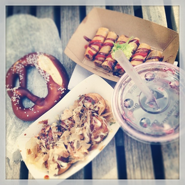 Octopus teriyaki balls + Peking duck rolls + pretzel + hibiscus lemon soda